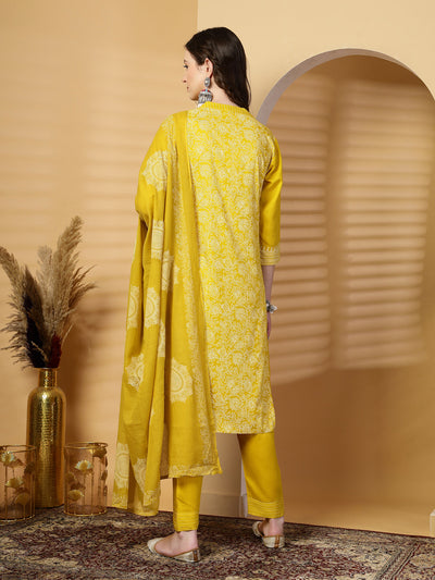Mustard Mandarine Collar Printed Rayon Kurta Set with Dupatta