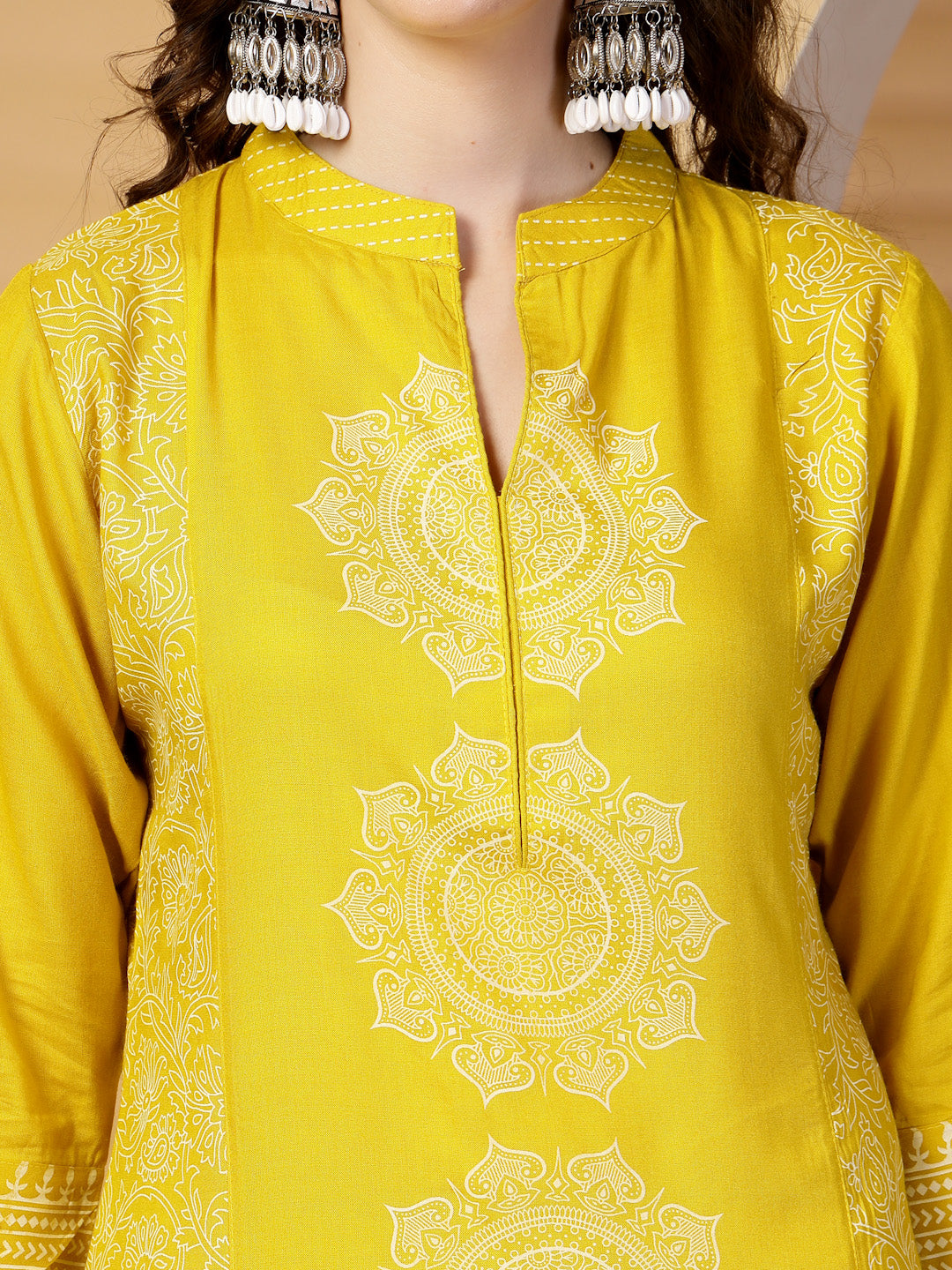 Mustard Mandarine Collar Printed Rayon Kurta Set with Dupatta