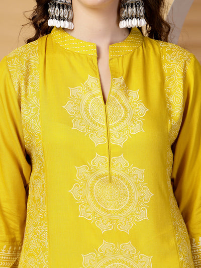 Mustard Mandarine Collar Printed Rayon Kurta Set with Dupatta