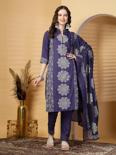 Violet Blue Mandarine Collar Printed Rayon Kurta Set with Dupatta