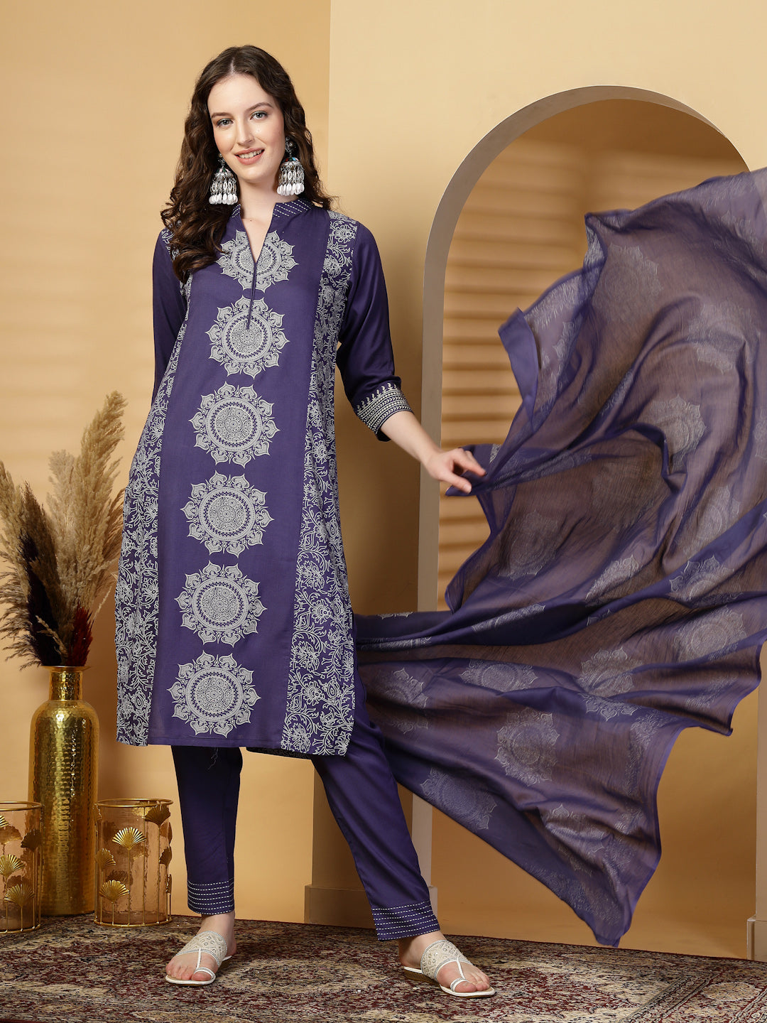 Violet Blue Mandarine Collar Printed Rayon Kurta Set with Dupatta