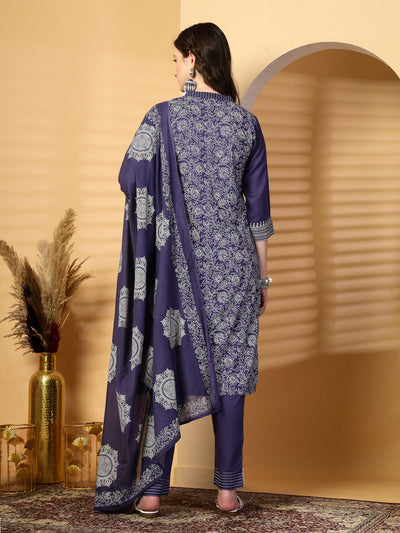 Violet Blue Mandarine Collar Printed Rayon Kurta Set with Dupatta