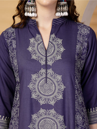 Violet Blue Mandarine Collar Printed Rayon Kurta Set with Dupatta