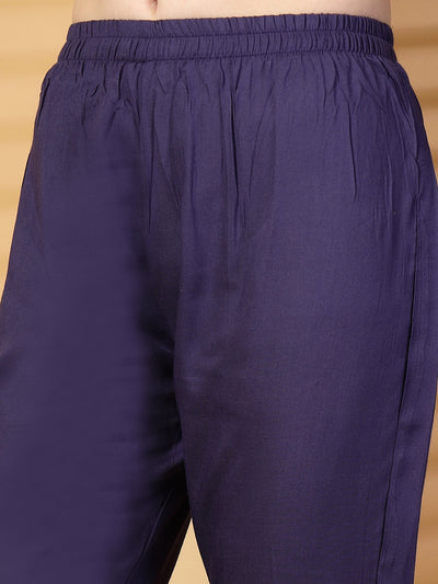 Violet Blue Mandarine Collar Printed Rayon Kurta Set with Dupatta