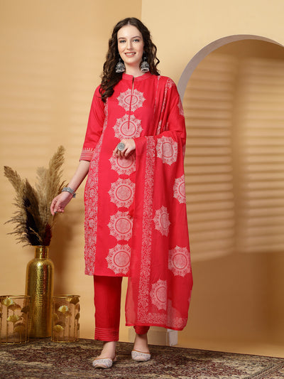 Magenta Mandarine Collar Printed Rayon Kurta Set with Dupatta
