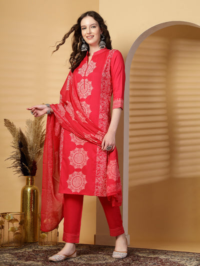 Magenta Mandarine Collar Printed Rayon Kurta Set with Dupatta