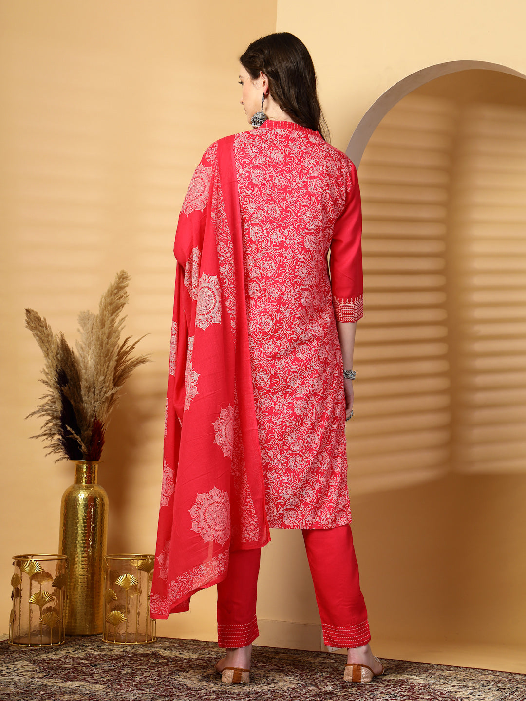 Magenta Mandarine Collar Printed Rayon Kurta Set with Dupatta