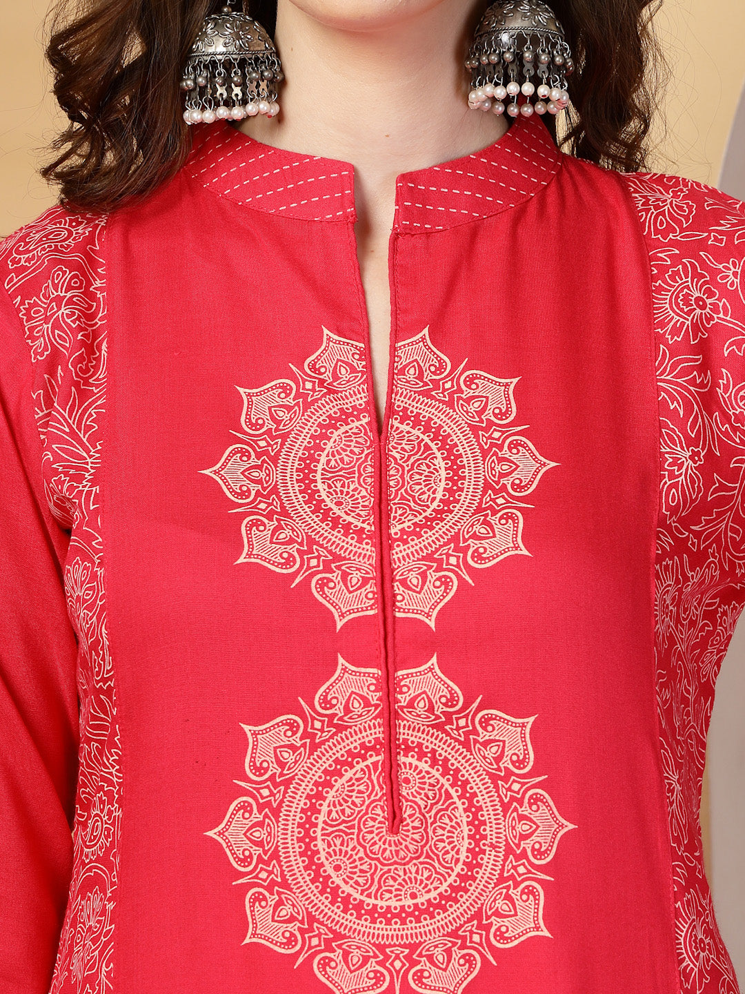 Magenta Mandarine Collar Printed Rayon Kurta Set with Dupatta
