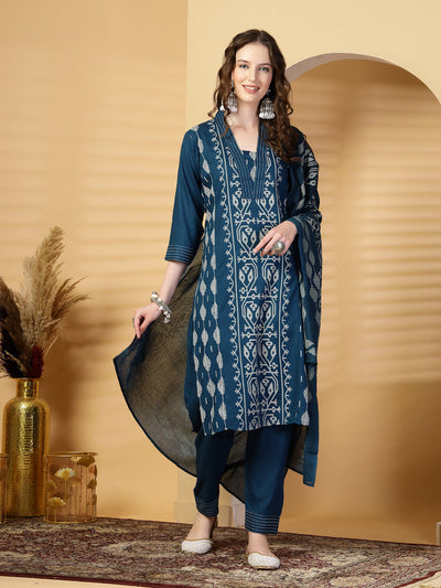 Peacock Blue Printed Rayon Kurta Set with Dupatta