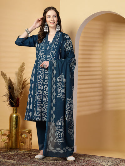 Peacock Blue Printed Rayon Kurta Set with Dupatta