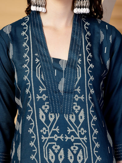 Peacock Blue Printed Rayon Kurta Set with Dupatta