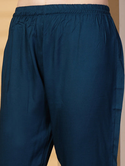 Peacock Blue Printed Rayon Kurta Set with Dupatta