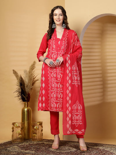 Pink Printed Rayon Kurta Set with Dupatta