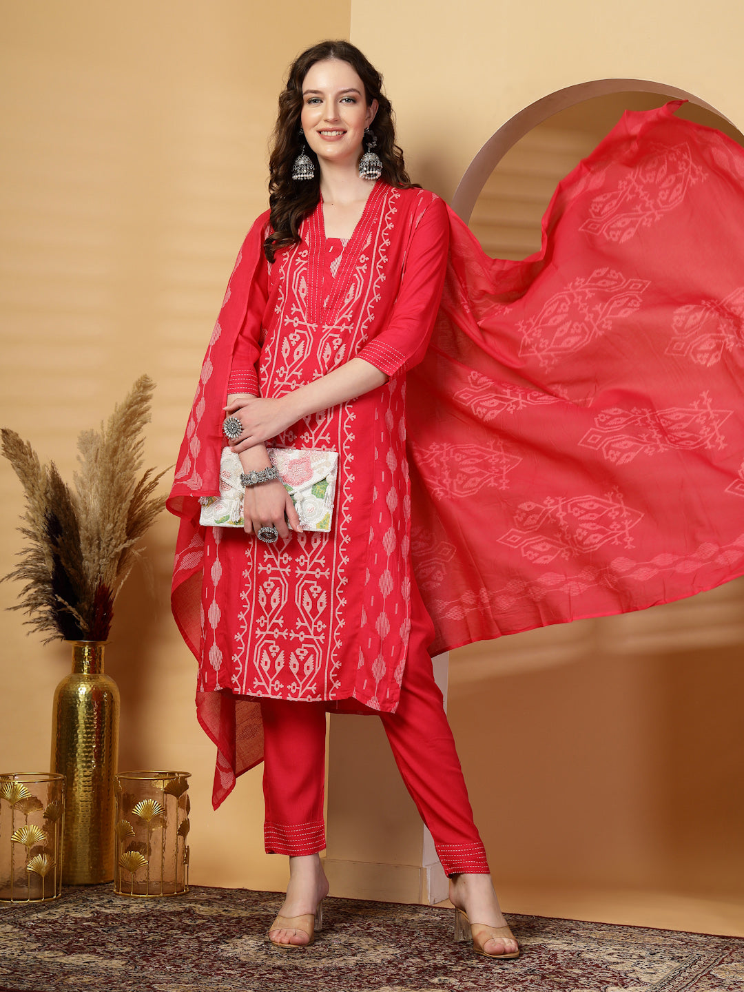 Pink Printed Rayon Kurta Set with Dupatta