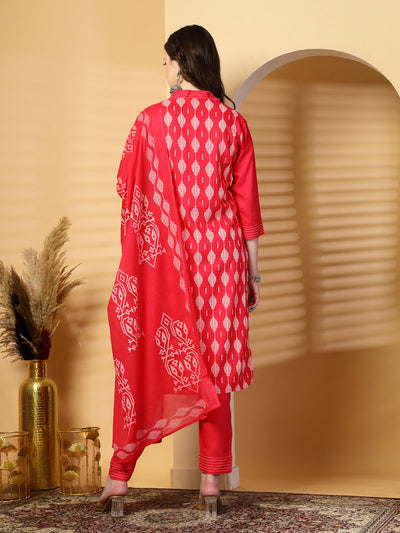 Pink Printed Rayon Kurta Set with Dupatta