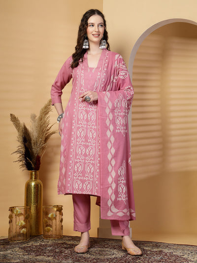 Peach Printed Rayon Kurta Set with Dupatta