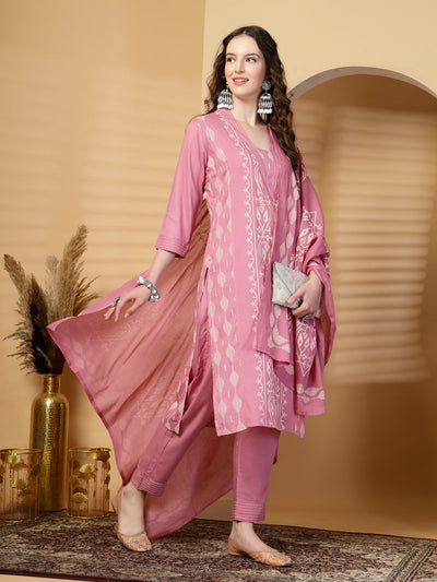Peach Printed Rayon Kurta Set with Dupatta