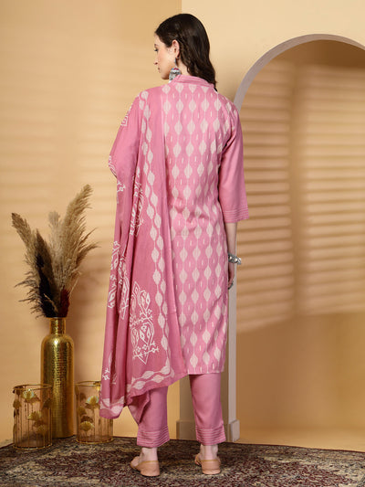 Peach Printed Rayon Kurta Set with Dupatta