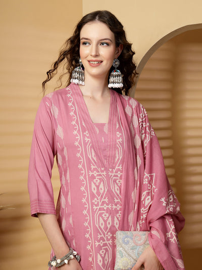 Peach Printed Rayon Kurta Set with Dupatta