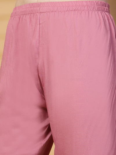 Peach Printed Rayon Kurta Set with Dupatta