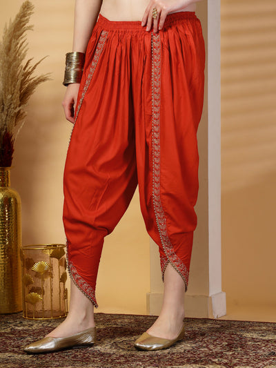 Red Embellished Rayon Dhoti Pants