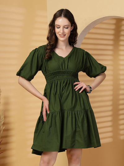 Olive Solid Cotton Knee Length Dress