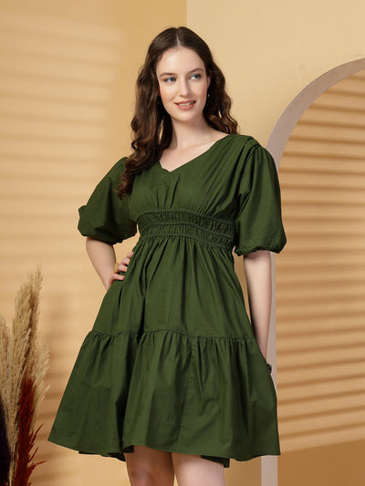Olive Solid Cotton Knee Length Dress