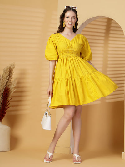 Yellow Solid Cotton Knee Length Dress