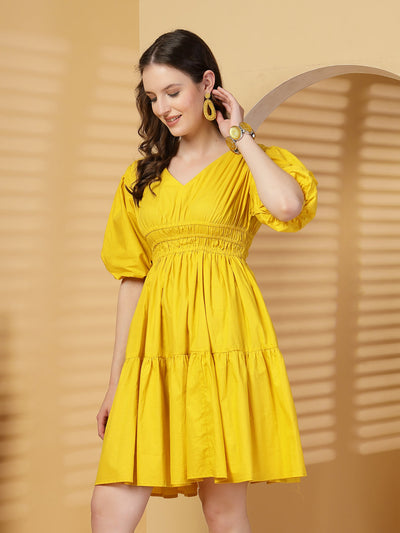 Yellow Solid Cotton Knee Length Dress