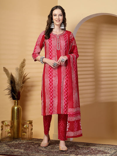Magenta Printed Rayon Kurta Set with Dupatta