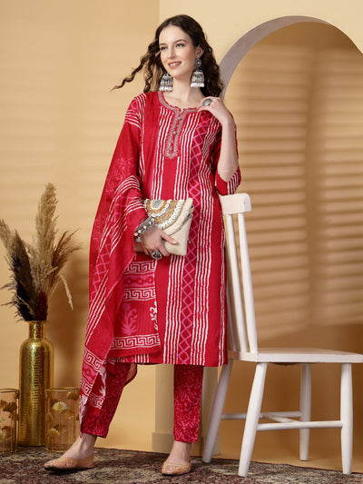 Magenta Printed Rayon Kurta Set with Dupatta