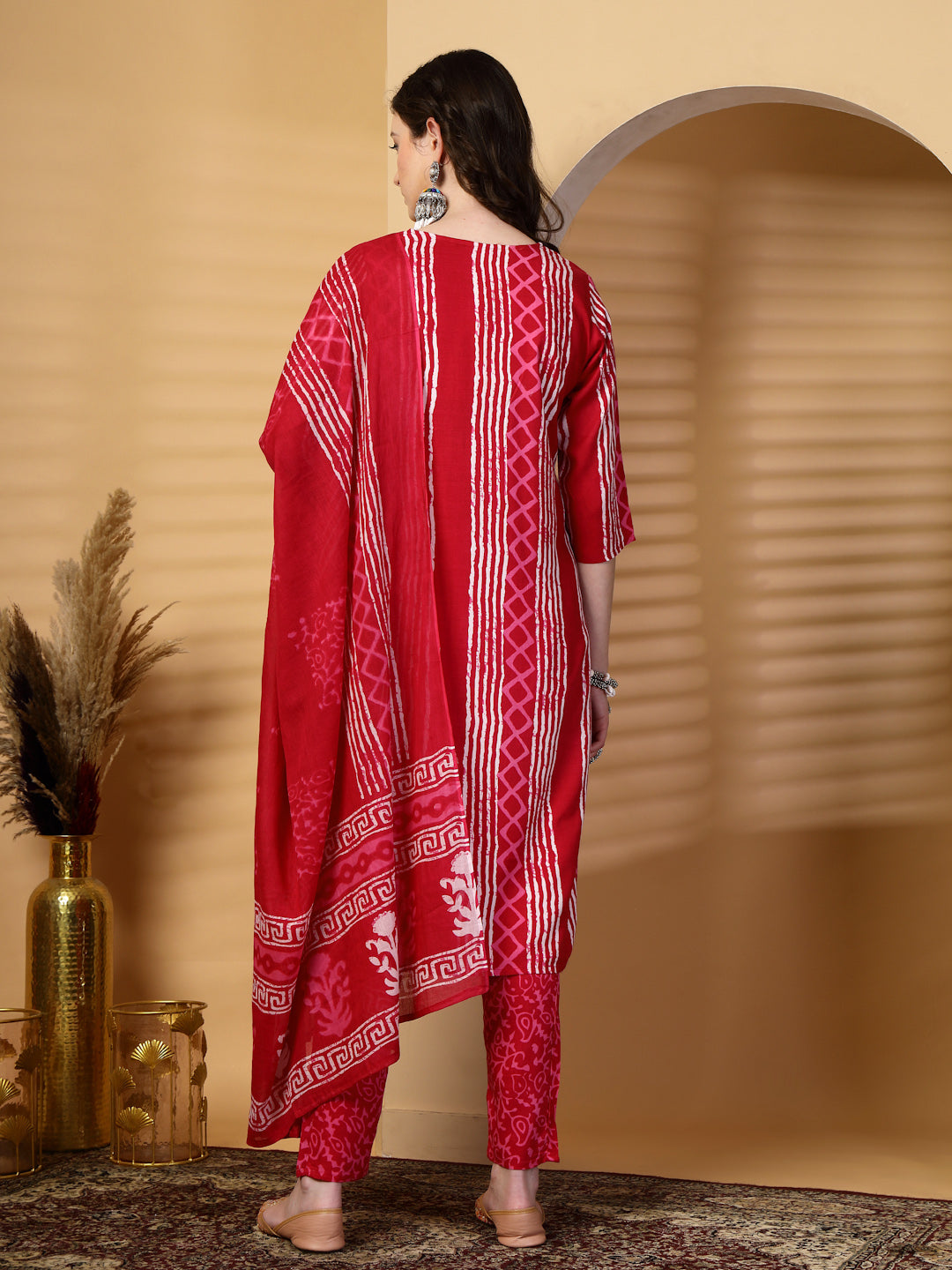 Magenta Printed Rayon Kurta Set with Dupatta