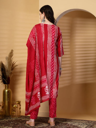 Magenta Printed Rayon Kurta Set with Dupatta