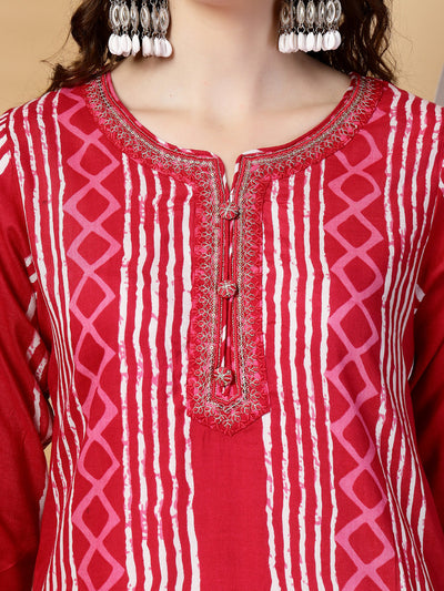 Magenta Printed Rayon Kurta Set with Dupatta