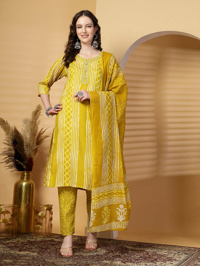 Mustard Printed Rayon Kurta Set with Dupatta