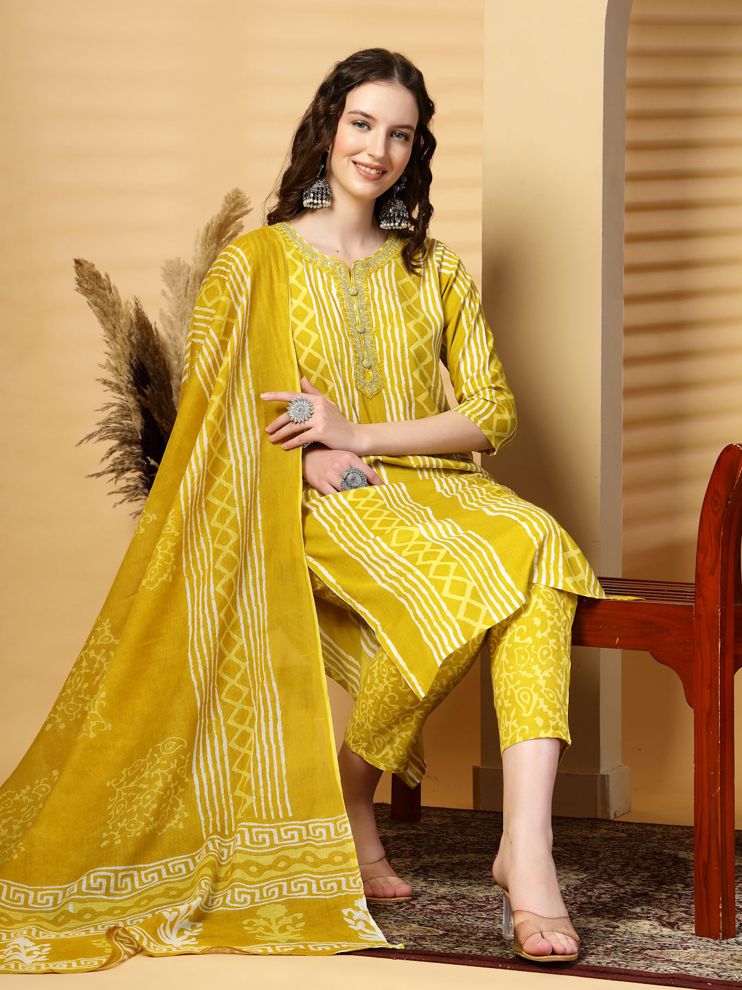 Mustard Printed Rayon Kurta Set with Dupatta