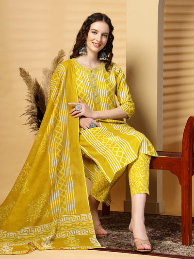 Mustard Printed Rayon Kurta Set with Dupatta