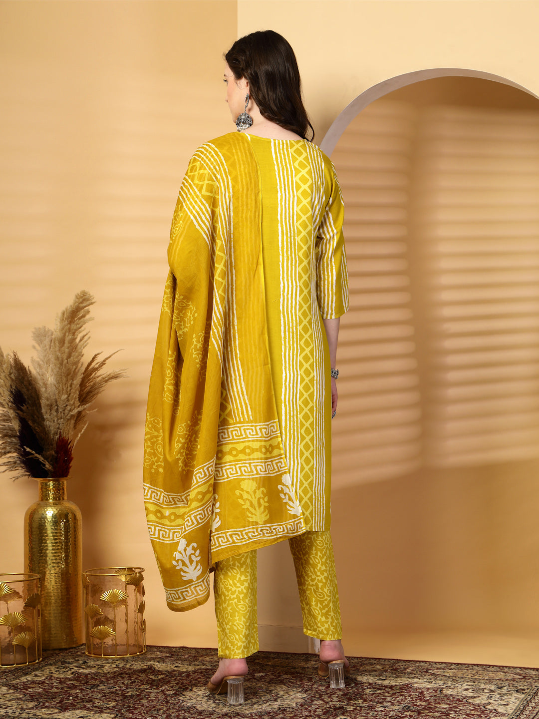 Mustard Printed Rayon Kurta Set with Dupatta
