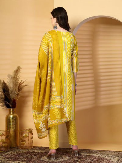 Mustard Printed Rayon Kurta Set with Dupatta