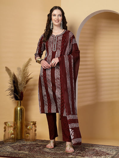 Maroon Printed Rayon Kurta Set with Dupatta