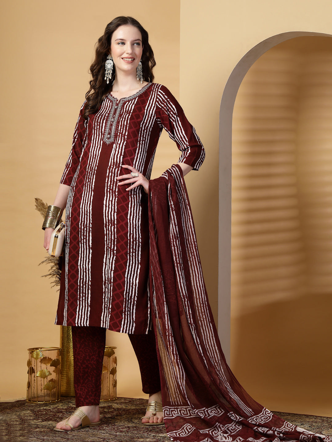 Maroon Printed Rayon Kurta Set with Dupatta