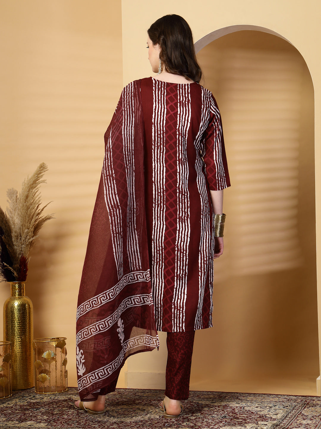 Maroon Printed Rayon Kurta Set with Dupatta