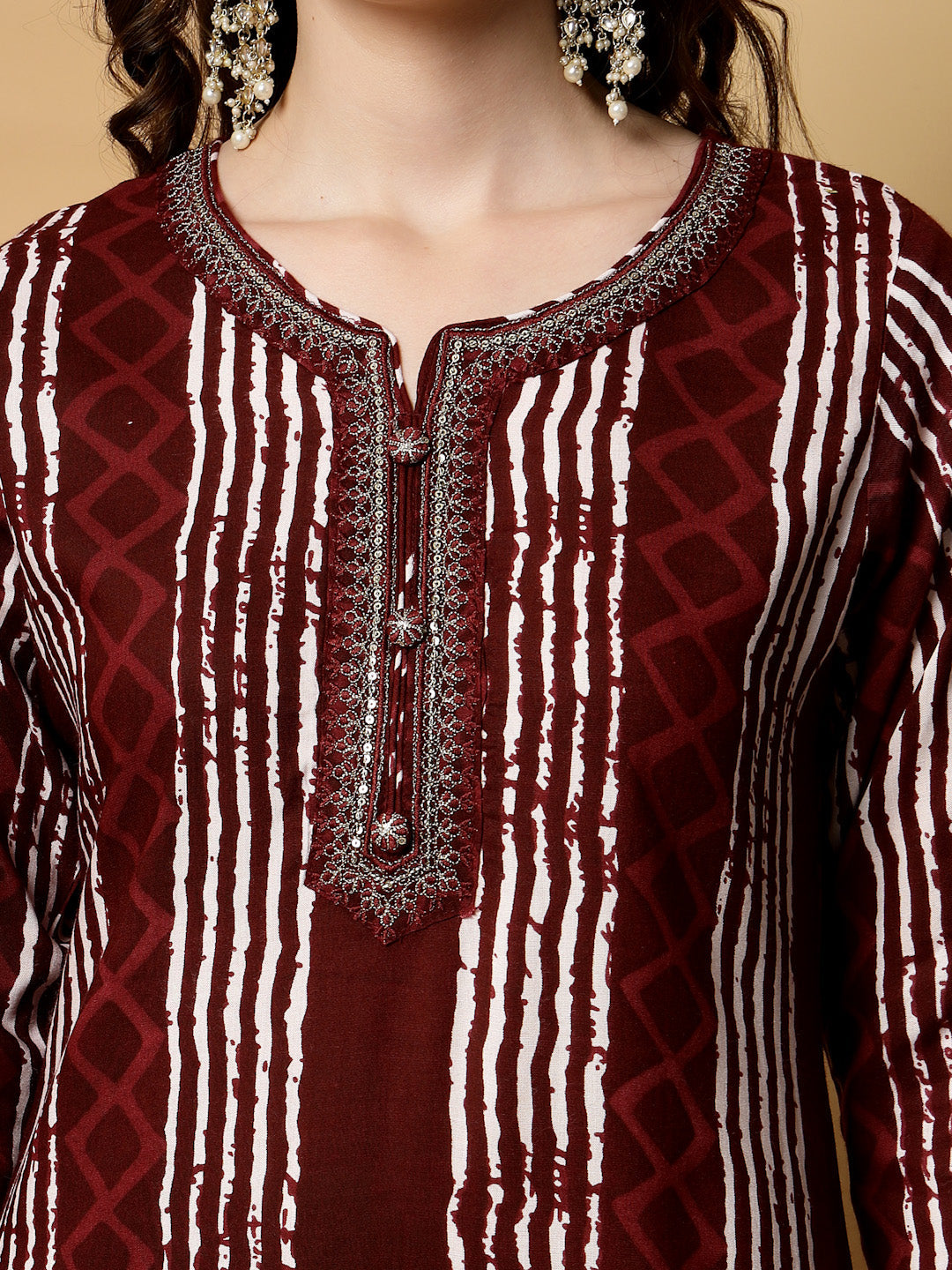 Maroon Printed Rayon Kurta Set with Dupatta