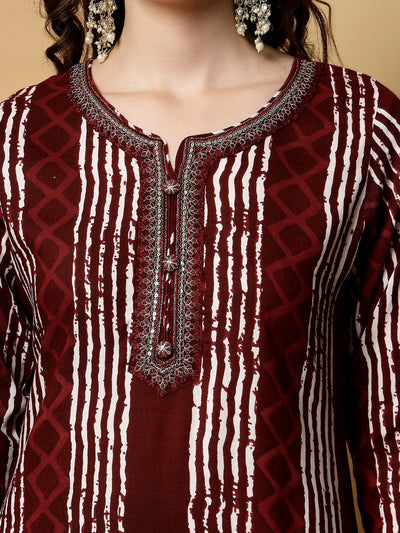 Maroon Printed Rayon Kurta Set with Dupatta
