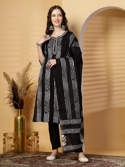 Black Printed Rayon Kurta Set with Dupatta