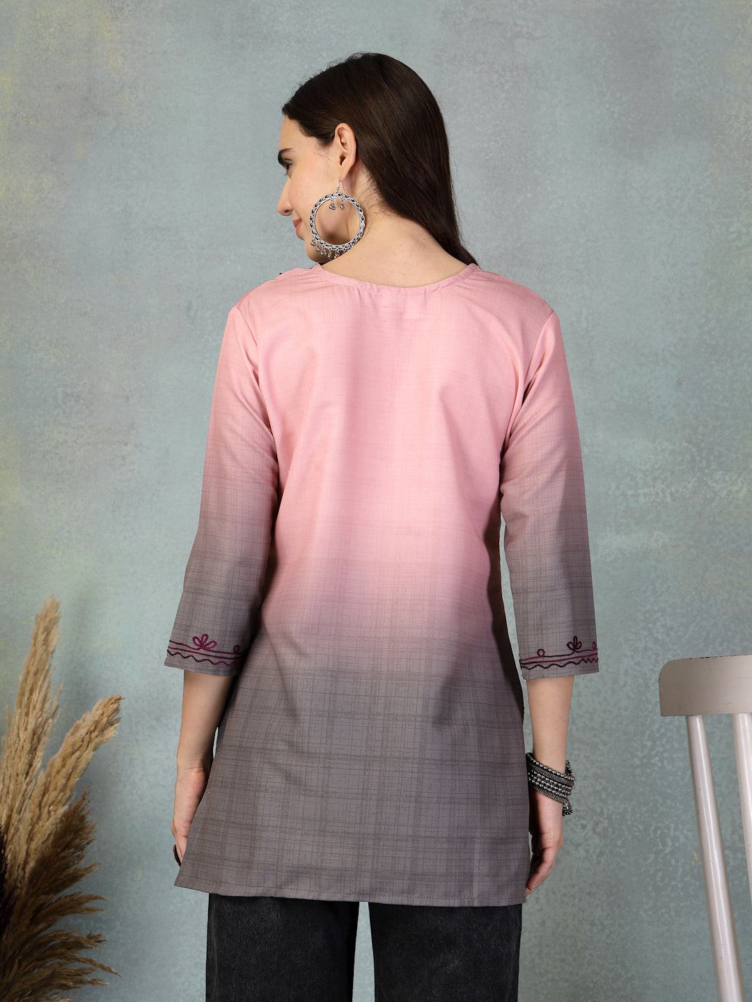 Pink embroidered rayon kurti with intricate detailing, suitable for casual or festive wear.