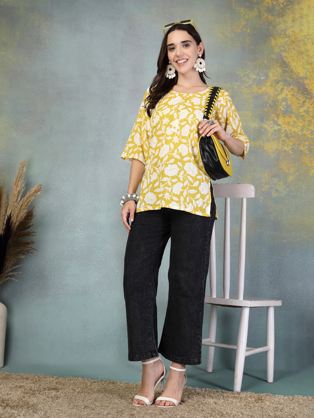 Mustard Kantha Work Printed Cotton Kurti with Floral Design