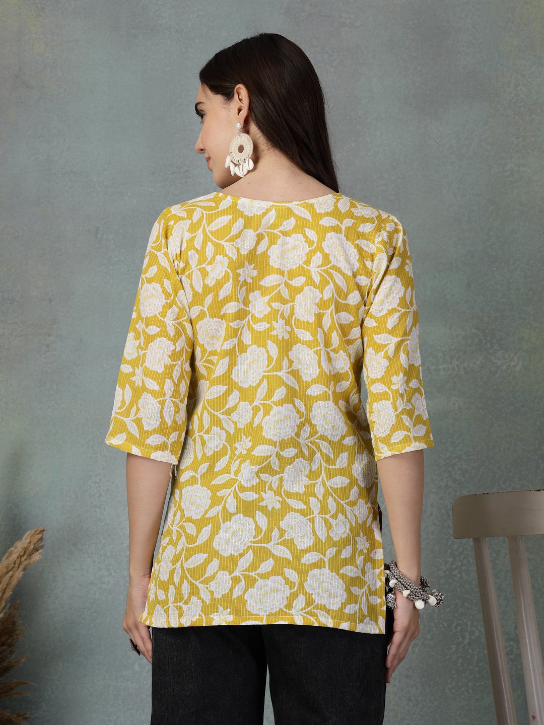 Mustard Kantha Work Printed Cotton Kurti with Floral Design
