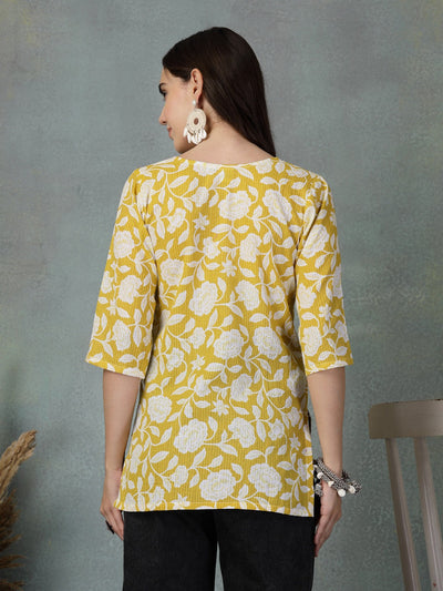 Mustard Kantha Work Printed Cotton Kurti with Floral Design