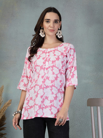 Pink Kantha work printed cotton kurti with floral embroidery and 3/4 sleeves